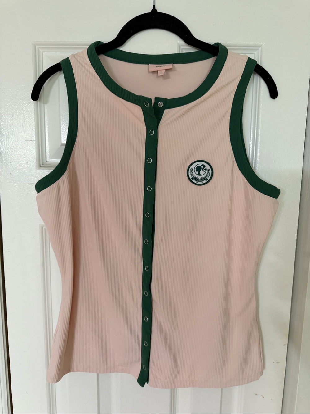 Ribbed Light Pink Snap-Front Tank with Green Trim
